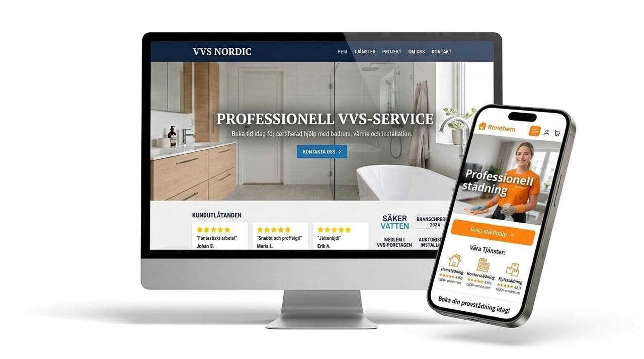 Professionella hemsidor för svenska företag — VVS-sajt på dator och städfirma på mobil